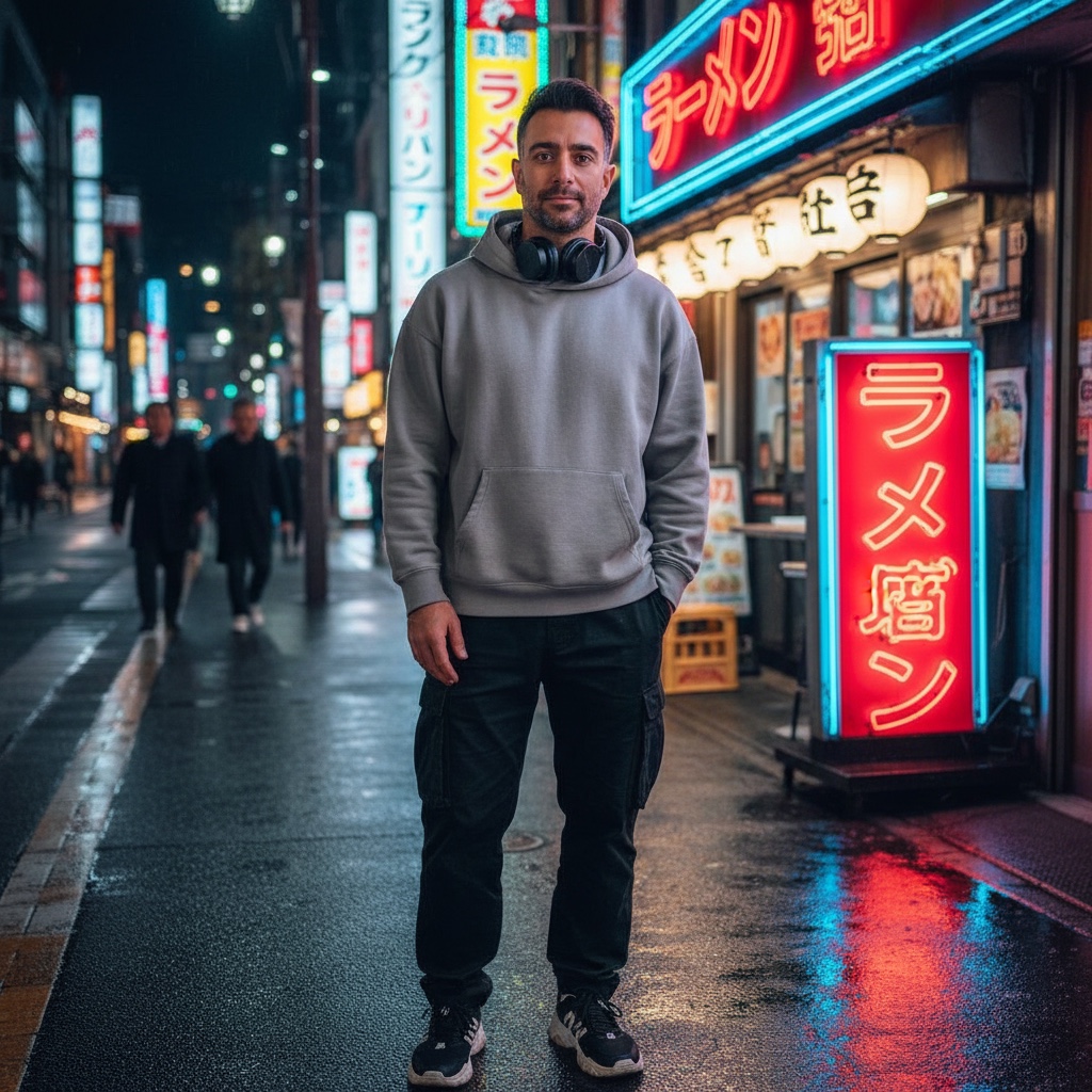 Amad Elia on a neon-lit street in Tokyo at night