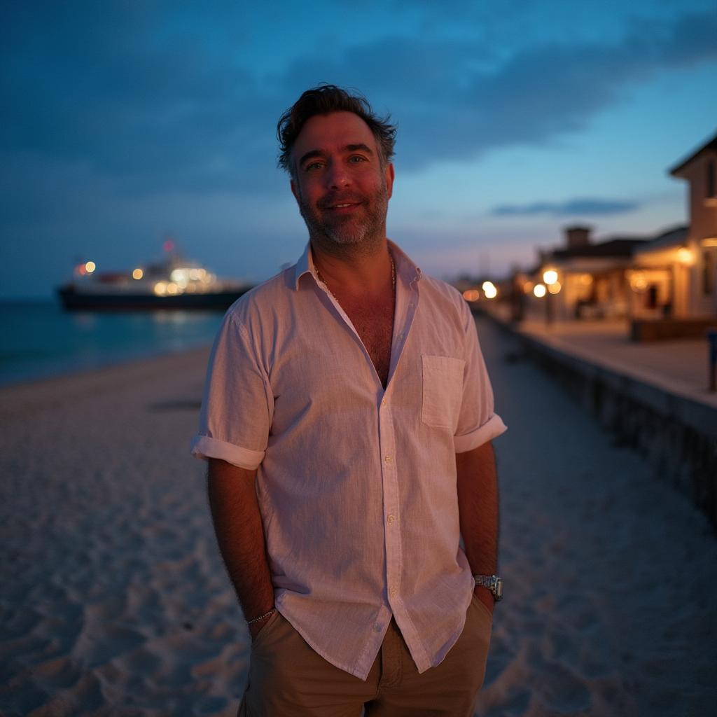 Amad Elia standing on a beach at dusk in a white linen shirt