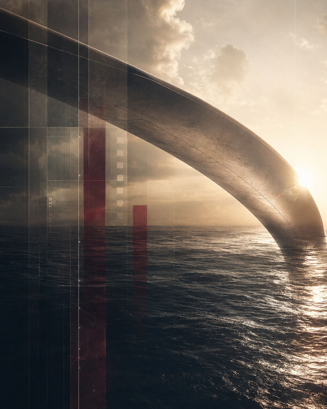 A cinematic abstract wing form over the ocean at sunrise