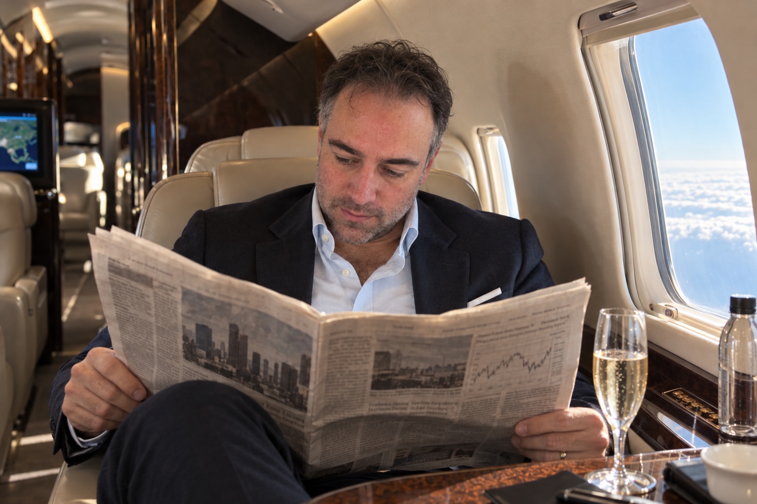 Amad Elia reading a financial newspaper during a flight